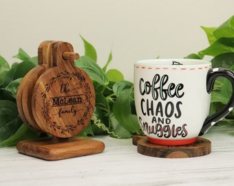 Vines Personalized Engraved Wood Coasters - Set of Four coasters - Personalized Coasters with Stand - Handcrafted Home Decor - Unique Gift