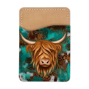 Cartera para teléfono con diseño de vaca de las Tierras Altas en color verde azulado - Tarjetero - Cartera para celular - Soporte para teléfono - Tarjetero adhesivo