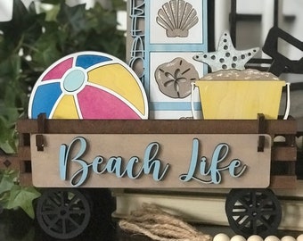 Beach Life Handmade Wood Wagon Interchangeable Decor Set