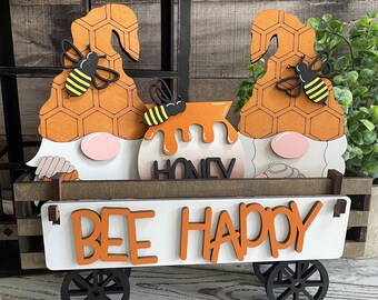 Gnome Honey Bees Handmade Wood Wagon Interchangeable Decor Set