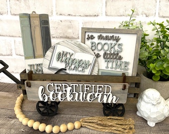 Book Lover Handmade Wood Wagon Interchangeable Decor Set