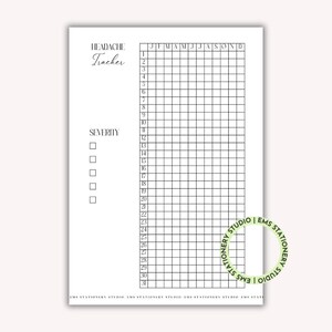 May include: A white paper with a printed headache tracker. The tracker includes sections for severity and a monthly calendar grid. The words "HEADACHE Tracker" are at the top. The paper has a watermark that says "EMS STATIONERY STUDIO".