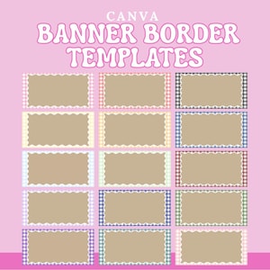 Puede incluir: Una colección de plantillas de bordes de banner rectangulares sobre un fondo rosa claro con el texto CANVA BANNER BORDER TEMPLATES. Las plantillas presentan varios patrones de cuadros vichy de colores y bordes festoneados alrededor de un centro tostado.