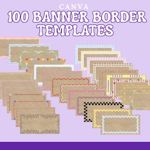 May include: A collection of 100 rectangular banner border templates on a light purple background. Each template features a tan, textured center with various colorful, patterned borders including wavy lines, dots, stripes, and floral motifs.