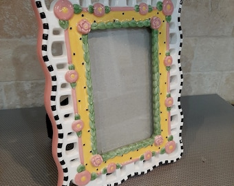Vintage 2000 Mary Engelbreit Ceramic Colorful Pink Yellow Green Raised Floral and Leaf Design Picture Photograph Frame Holds 4 x 6 Photo