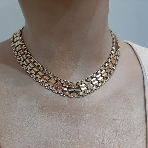 Vintage 1980s Rau Klikit Shiny Gold Tone  Chunky Collar Choker Bookchain Style Necklace