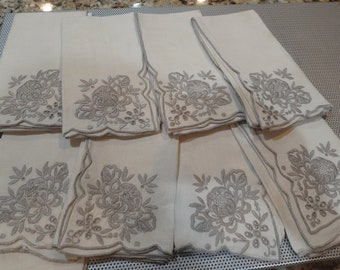 8 Vintage Madeira Style Linen Cream Ivory with Taupe Hand Embroidery Florals Cutwork Dinner Napkins Table Linens 16 Inches Scalloped Edges