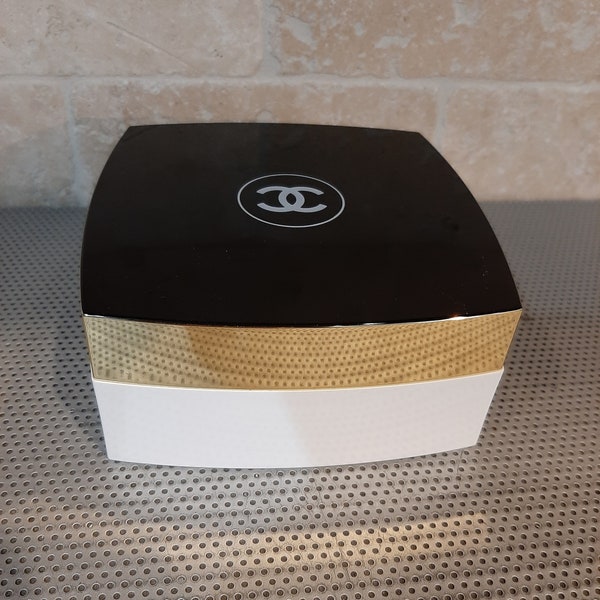 Vintage Discontinued Empty Chanel Loose Powder Container Box After Bath Body Powder, Container with Puff Only Black White Gold