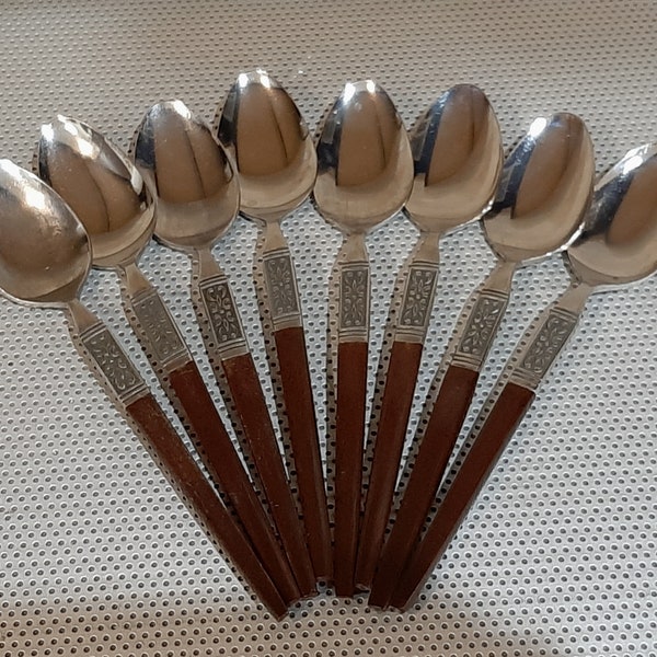 Lot of 8 Vintage 1960s MCM Interpur Japan Stainless Steel Flatware Teaspoons Faux Wood Handles Floral Pattern