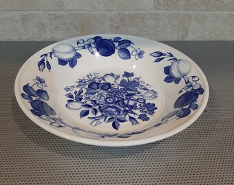 Vintage 1995 Portmeirion Harvest Blue by Angharad Menna Cereal Salad Shallow Serving Bowl Floral Fruits Replacement 8.5" Made in England