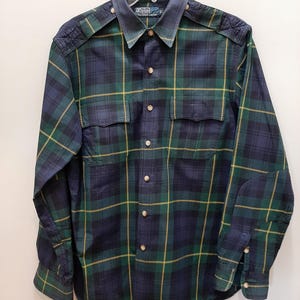 Vintage 1990s POLO Ralph Lauren Green Blue Yellow Cotton Flannel Wide Plaid Shirt Men&#39;s Size L Oxford Button Down Checked Shirt