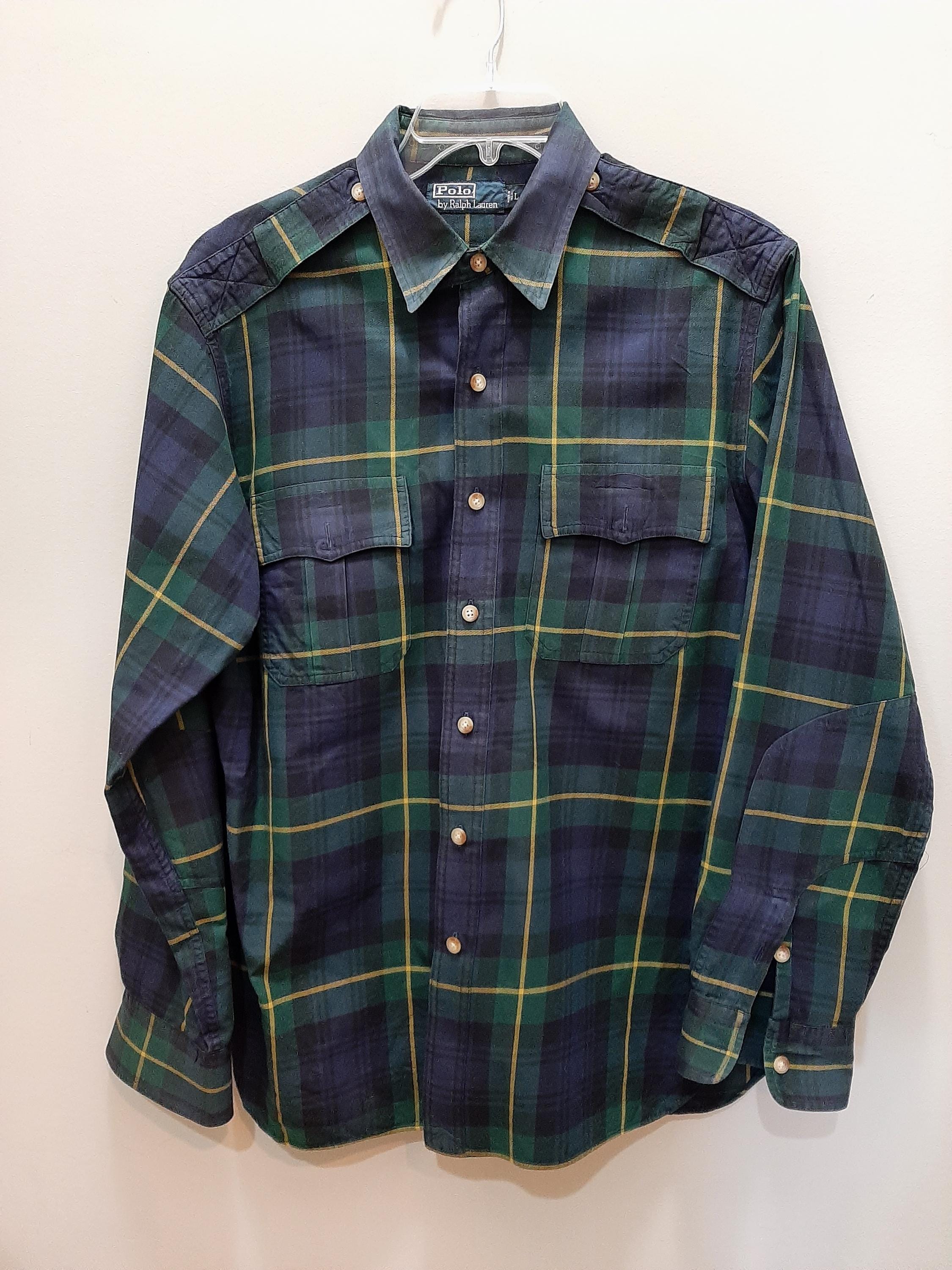 Vintage 1990s POLO Ralph Lauren Green Blue Yellow Cotton Flannel 
