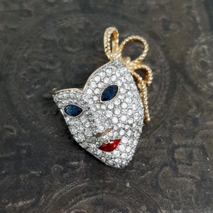 Vintage 1990s NEW in Box Swarovski Crystal Mardi Gras Pave Mask Brooch Pin Pendant Gold Plated Discontinued Design