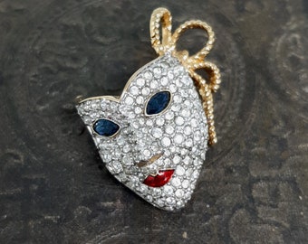 Vintage 1990s NEW in Box Swarovski Crystal Mardi Gras Pave Mask Brooch Pin Pendant Gold Plated Discontinued Design