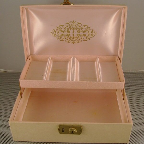 Vintage Retro boîte à bijoux rose Faux cuir des années 1950 avec intérieur Satin Trim or et rose