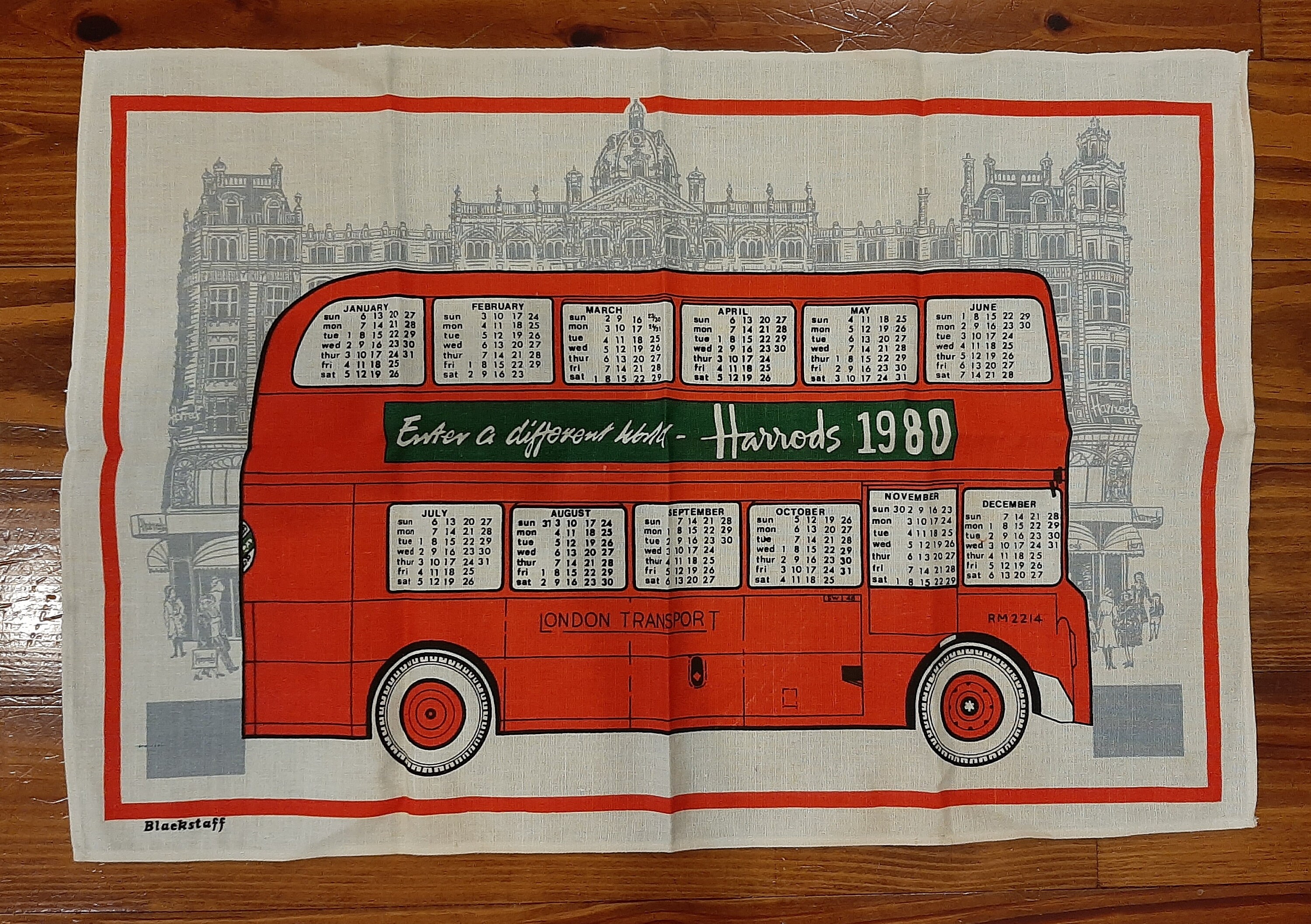 Vintage 1980 Calendar Harrods London Red Double Decker Bus Linen Tea Towel New Old Stock