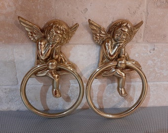 Pair Vintage Brass Sleeping Angels Cherubs Towel Ring Scarf Hangers Drapery Holder Rings Hollywood Regency NEW Old Stock Bathroom Decor