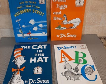Four Vintage Dr. Seuss Childrens’ Books Mulberry Street, Dr. Seuss’s ABC, The Cat in the Hat, Green Eggs  and Ham