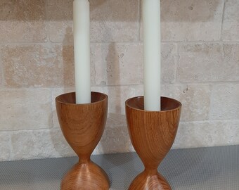 Vintage Pair 1960s MCM Hand Carved Turned Teak or Walnut Danish Candle Holders Classic Atomic Style 5.5" Tall