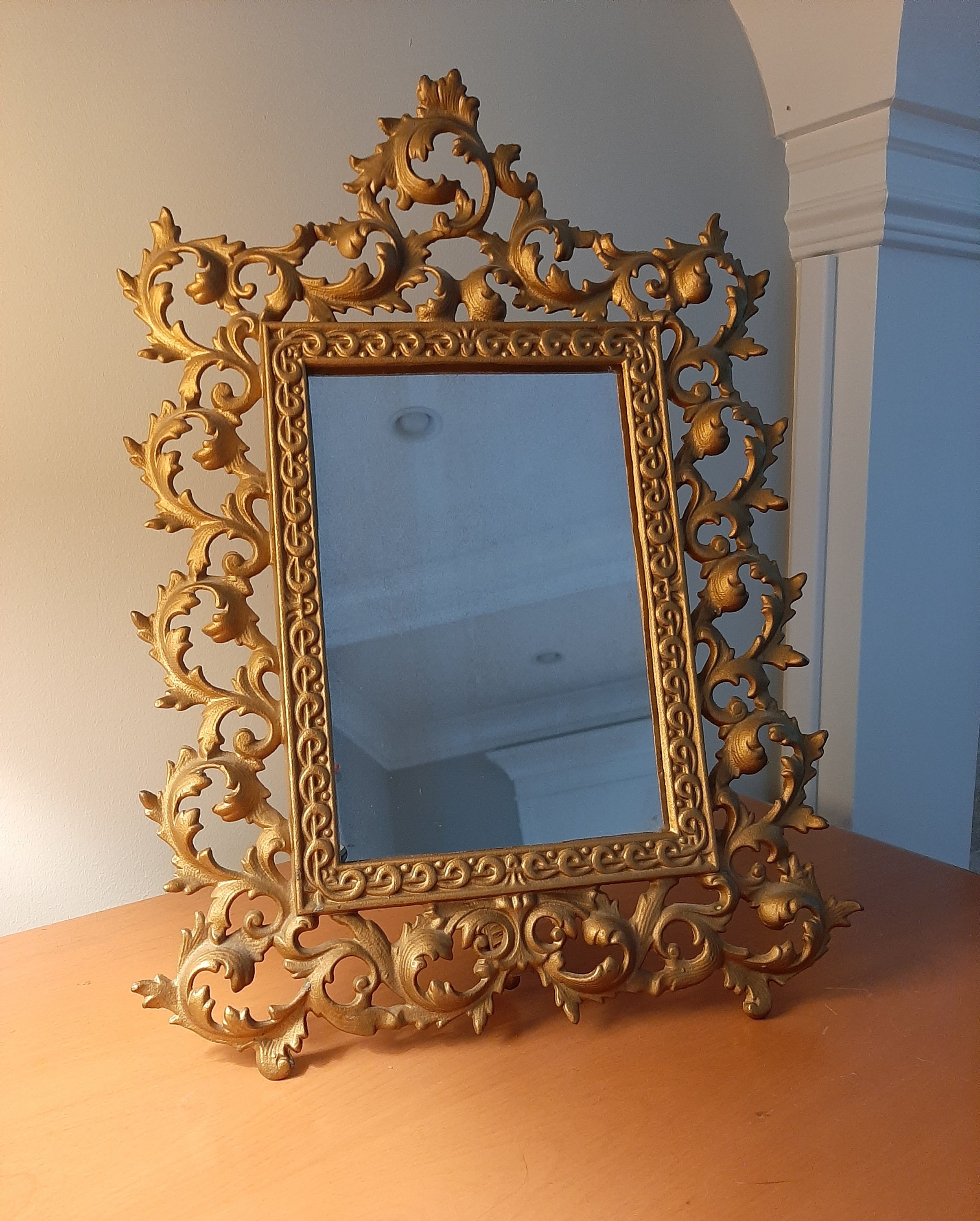 antique gold rococo metal easel stand for picture frame or mirror