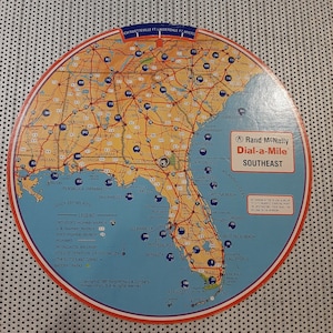 millésime 1987 Rand McNally « Dial-A-Mile » Sud-Est des États-Unis Old School Map Kilométrage entre les villes à collectionner
