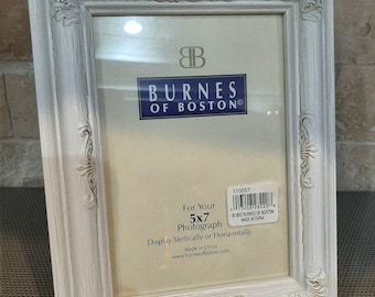 Vintage Burnes of Boston White Whitewashed Ornate  Wood 5 x 7 Picture Photograph Frame Farmhouse Shabby Chic New in Box