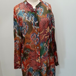 vintage 1990s Units Women’s Boho Boho Semi-Sheer Blouse Tunique, Floral Peacock, Sequins, Viscose, Made in India - Taille X-Large