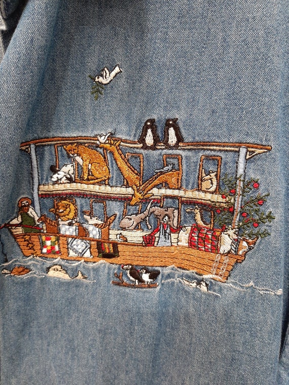 Chemise Dénim Femme Let's Quizz Again - Brodée Arche De Noé, Taille L, Vintage, Manches Courtes
