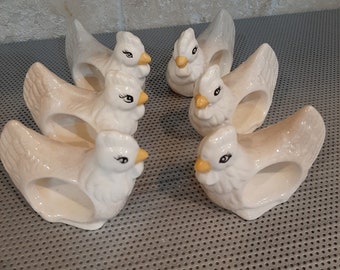 Set of 6 Vintage Chickens Hens Farm Farmhouse Decor Pottery Glazed Porcelain Ceramic Spring Napkin Holder Rings Hen Party Easter