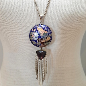 Pendentif paon cloisonné - grand collier long oiseau pampille asiatique vintage des années 1990