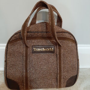 Vintage 1960s Travel World Brown Tweed Travel Duffel Bag Luggage Medium Size Weekend Overnight Made in Hong Kong Stage Prop