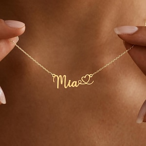 Personalized Name Necklace with Heart, Custom Gold Script Jewelry, Valentine's Day Gift for Her, Gifts for Mom