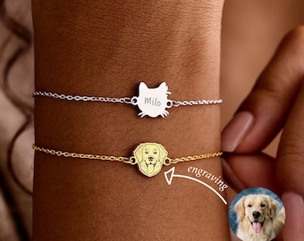 Custom Pet Portrait Bracelet, Engraved Dog Cat Name Jewelry, Minimalist Christmas Gift, Pet memorial