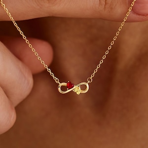 Collar con colgante de doble corazón y piedra natal del infinito, joyería personalizada para parejas, joyería del infinito en oro de 14k, regalo para la mejor amiga o hermana.