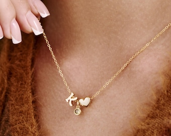 Custom Birthstone Initial Necklace - Personalized Heart Pendant Jewelry, Unique Initial Necklace, Birthday Gift for Her, Cherished Keepsake