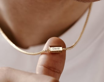 Custom Name Necklace for Men, Engraved Bead Necklace, Personalized Dad Gift, Father’s Day Jewelry, Kids Name Necklace, Gift for Him
