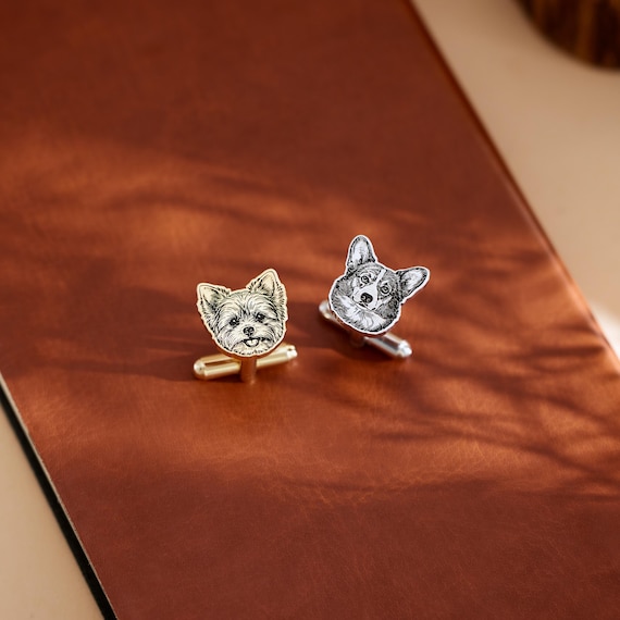 Engraved Pet Portrait Cufflinks, Christmas Gifts for Men, Custom Dog Cat Photo Jewelry, Personalized Groom Gift, Wedding