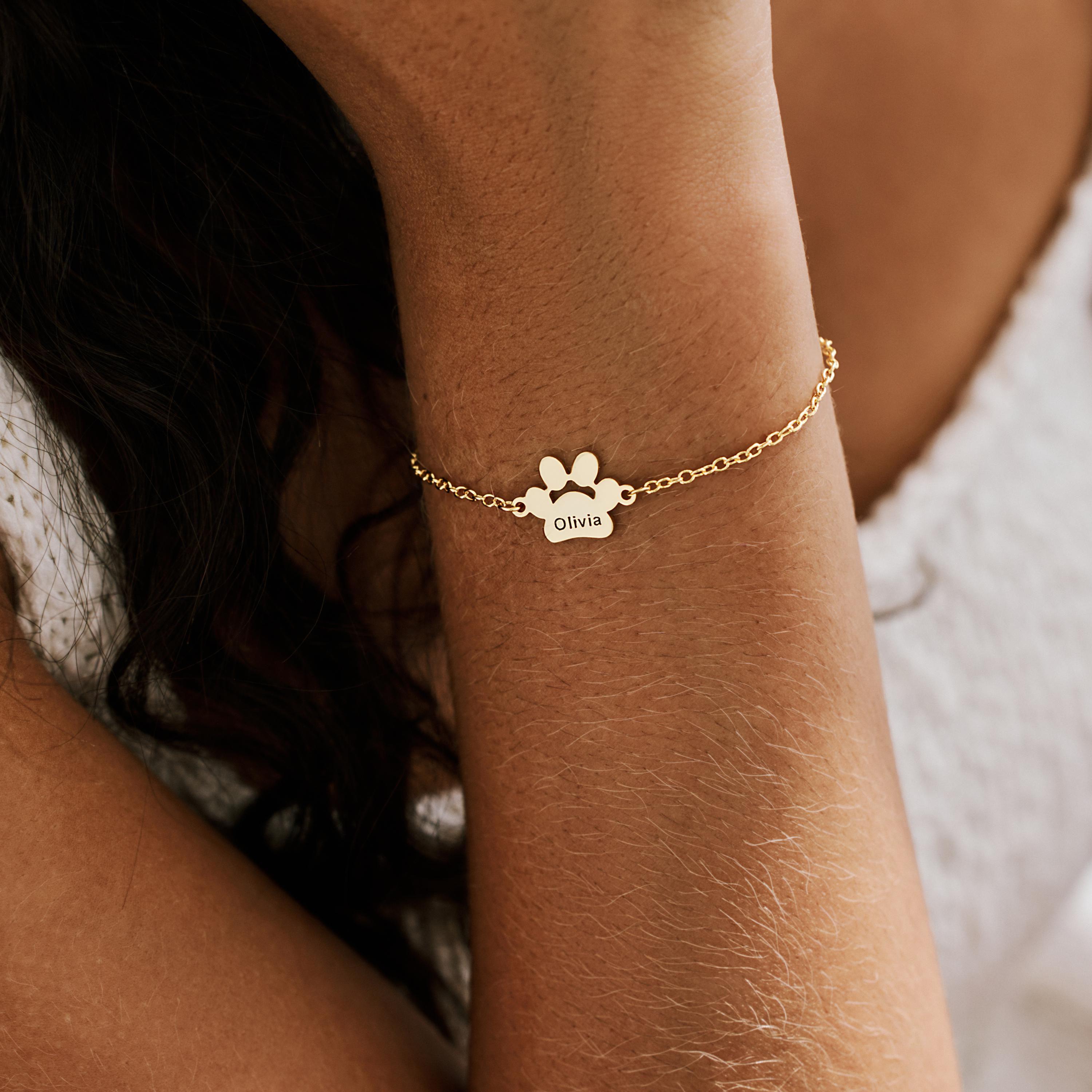 Engraved Paw Print Bracelet, Pet Name Jewelry Gift for Dog Mom ...