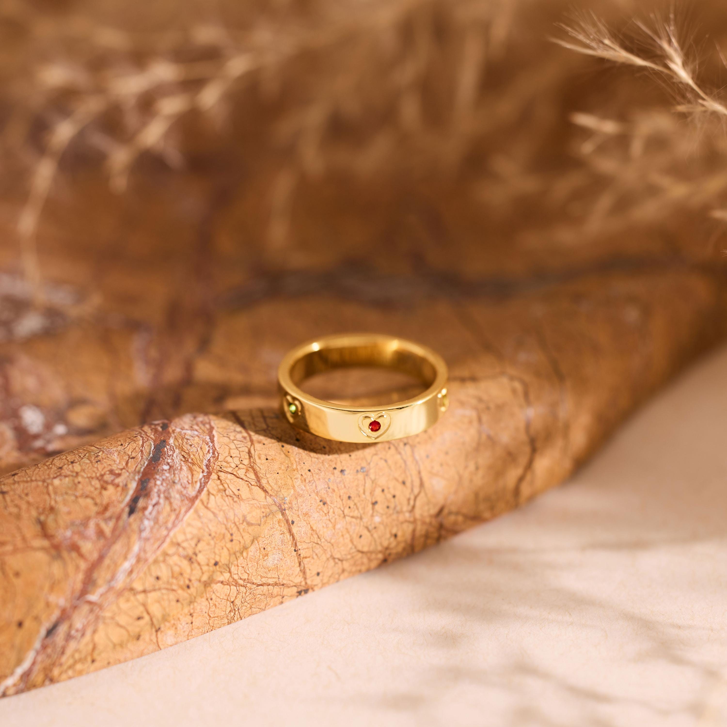 Heart Engraved Birthstone Ring, Custom Family Jewelry, Minimalist ...