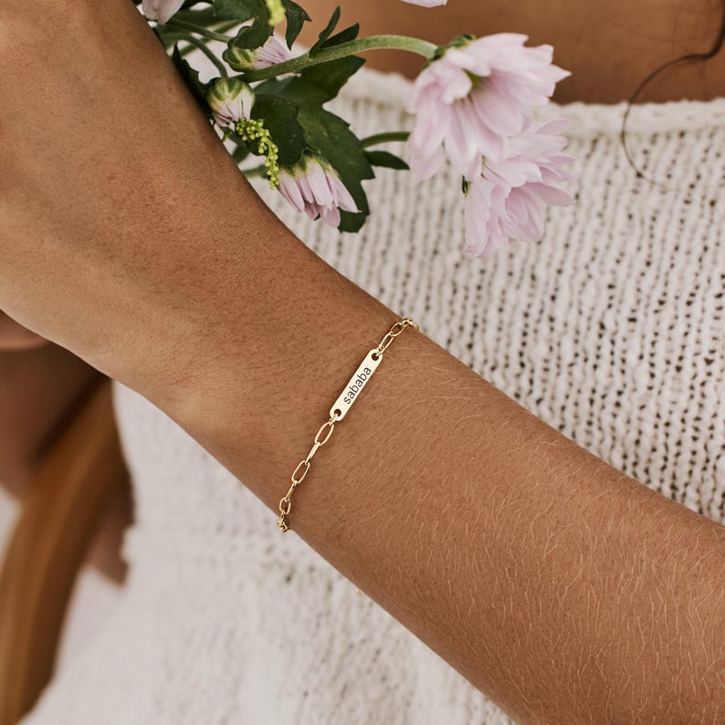 Custom Mini Name Bar Bracelet, Engraved Charm Bracelet With a Dainty