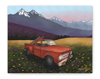 Rustic Mountain Landscape Canvas Print: Vintage Truck Art