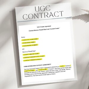 May include: A white document with the title "UGC Contract" and a section titled "User-Generated Content Agreement". The document is a contract between a brand/client and a content creator.