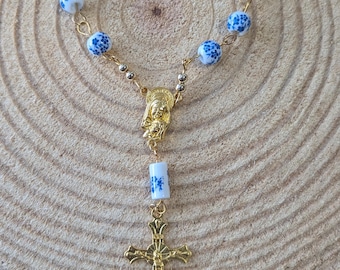 Blue and White Ceramic Chapel Catholic Rosary with Gold Accents