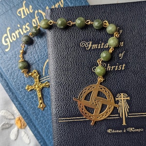St. Brigid Green Stone Catholic Rosary Chaplet with Gold Accents and St. Brigid&#39;s Cross