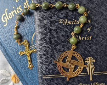 St. Brigid Green Stone Catholic Rosary Chaplet with Gold Accents and St. Brigid's Cross