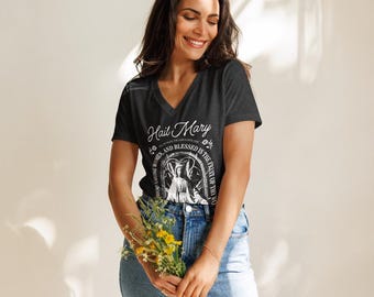 Hail Mary Catholic T Shirt Womens Relaxed V Neck