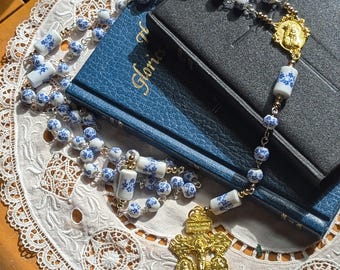 Blue and White Ceramic Catholic Rosary with Silver and Gold Accents