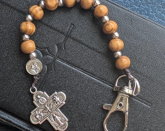 Wooden St. Benedict Keychain Rosary with Four Way Cross Pendant Catholic Chaplet