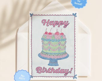Hand Drawn Happy Birthday Greeting Card | 5.5x6.5 Inch | Blank Inside Greeting Card | Vintage Cake Card | Birthday Card