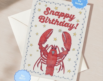 Hand Drawn Happy Birthday Greeting Card | 5.5x6.5 Inch | Blank Inside Greeting Card | Lobster Card | Whimsical Nautical Birthday Card